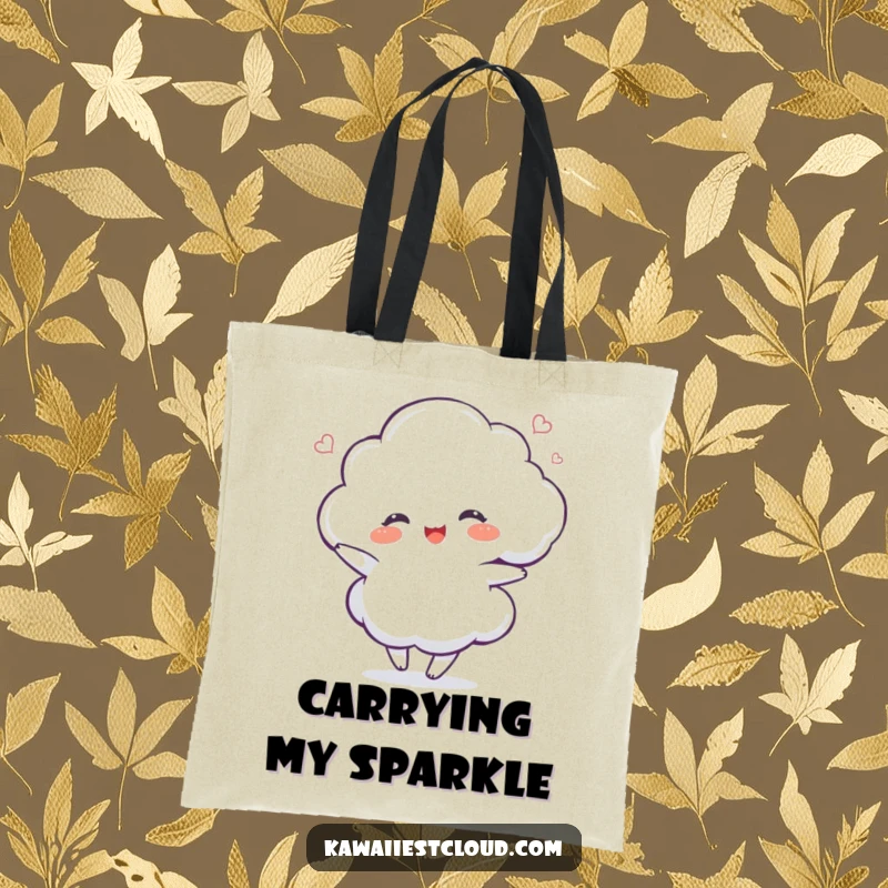 Funny delighted cloud character dancing with a shimmer on a durable tote bag, for cheerful shoppers.
