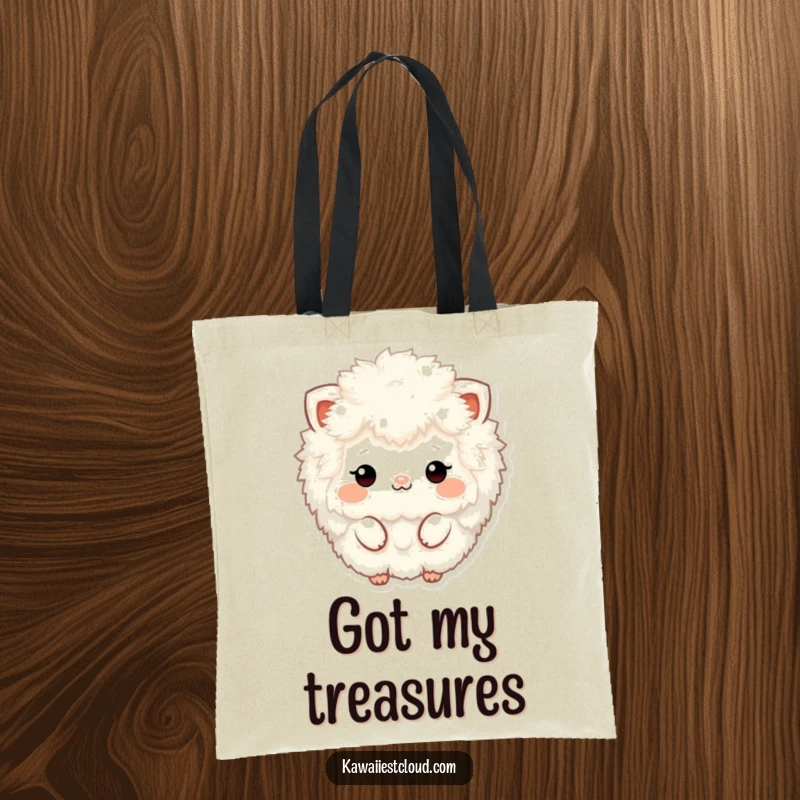 Funny fluffy, textured character tote bag with minimalistic design elements, offering ample space and a unique, humorous aesthetic.