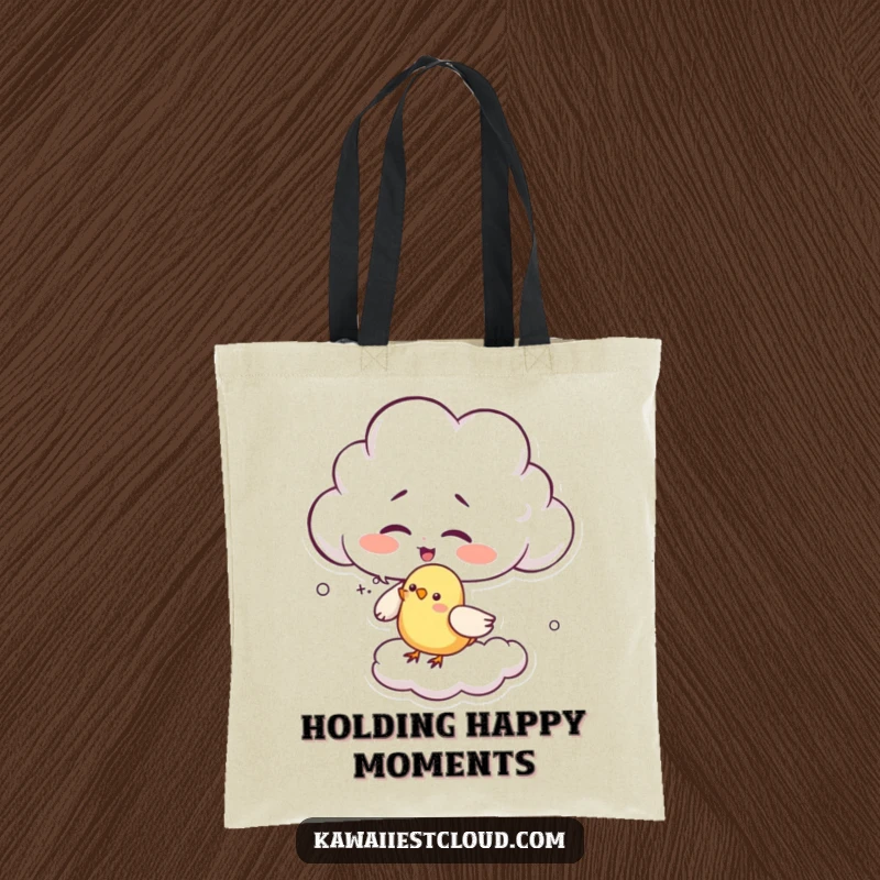 Funny giggling cloud tote bag with a character playfully tickling a bird with cloud wisps, symbolizing joy and lighthearted fun.