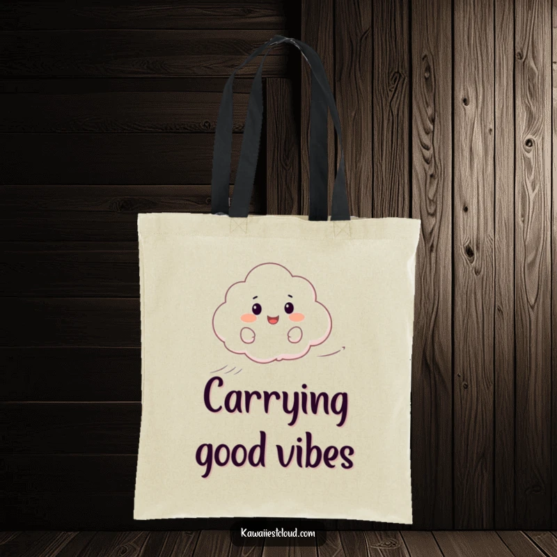 Funny tote bag depicting a happy cartoon cloud surfing on a gentle wind, perfect for carrying essentials with style.