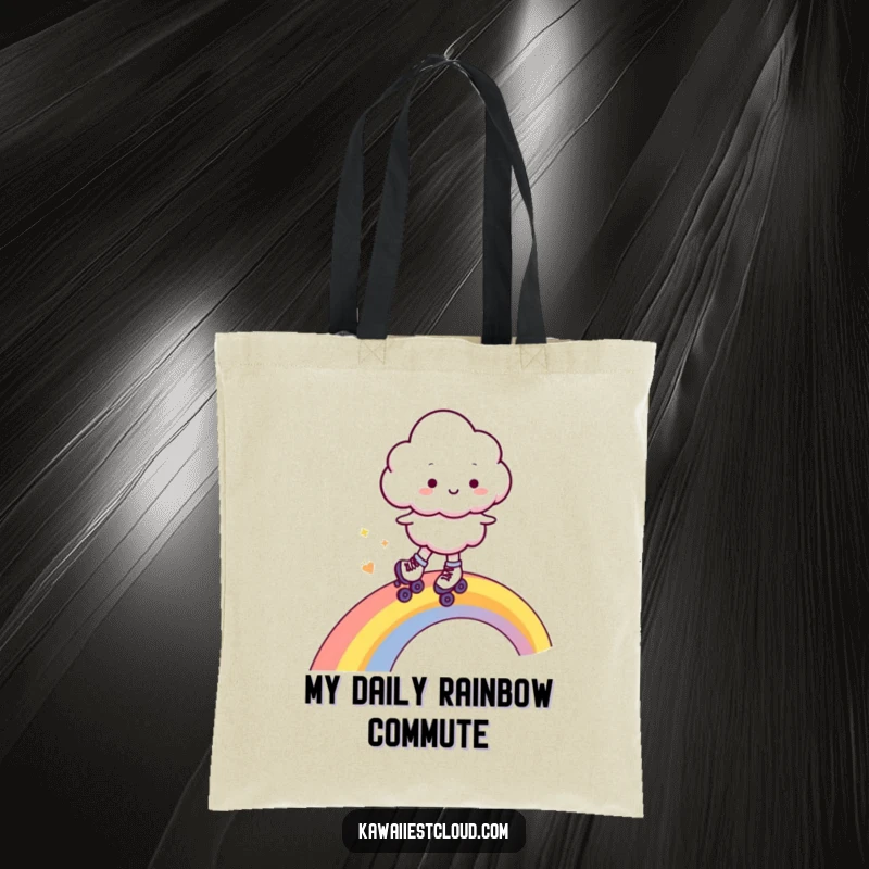Funny tote bag with a cheerful cloud character in roller skates, joyfully speeding down a vivid rainbow, perfect for everyday use.