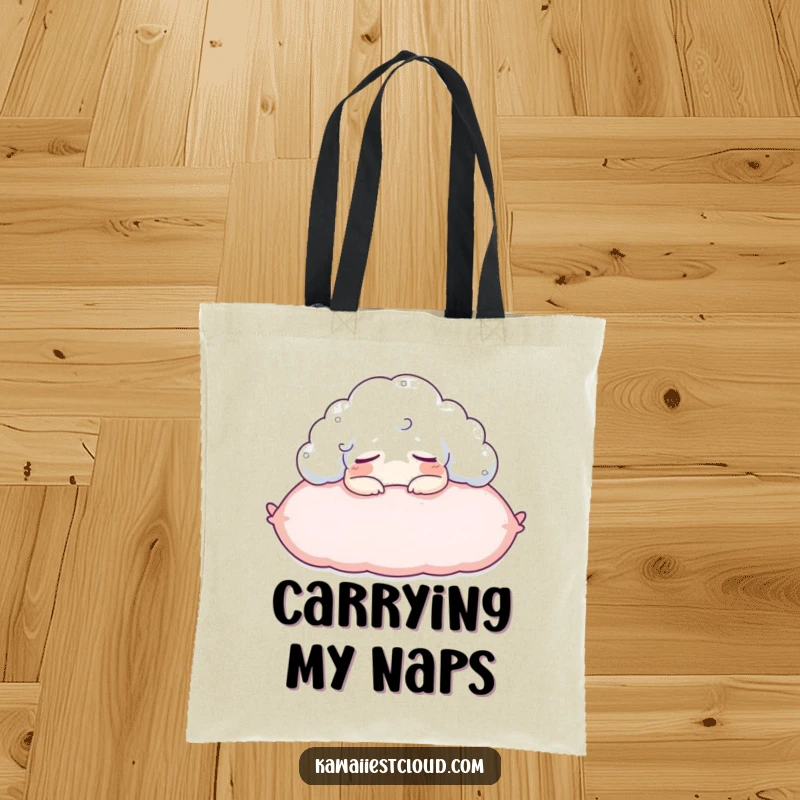 Funny tote bag with a content cloud character napping on a pillow, a humorous accessory for nap lovers.
