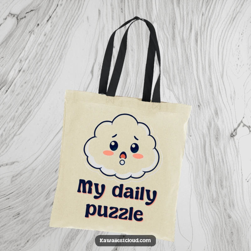 Funny tote bag with a cloud character looking surprised and featuring a question mark, perfect for carrying items with a witty, curious vibe.