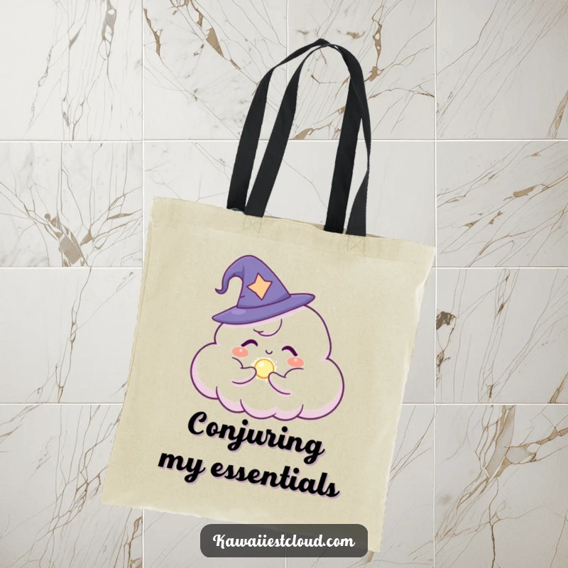 Funny Tote Bag: A cloud character wearing a wizard hat, concentrating to conjure a small, luminous magic orb.