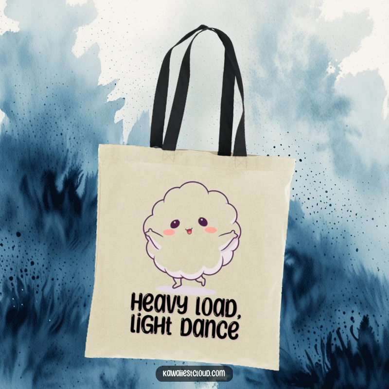Funny Tote Bag: A fluffy cloud character dances energetically, ready to carry your items with a smile.