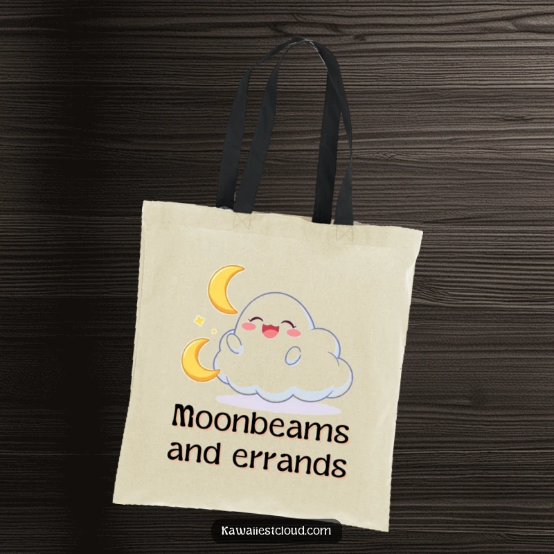 Funny tote bag showcasing a cloud character gleefully playing with a miniature, giggling crescent moon, full of playful energy.