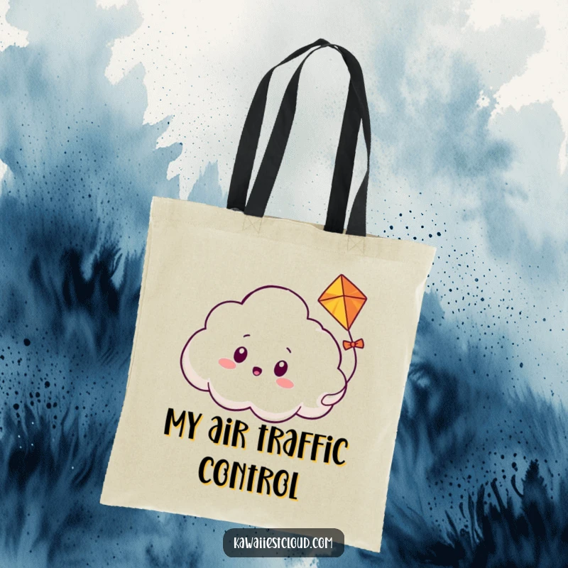 Funny tote bag illustrating a cloud character reacting with surprise as a friendly kite playfully weaves through its ethereal form, a delightful scene.