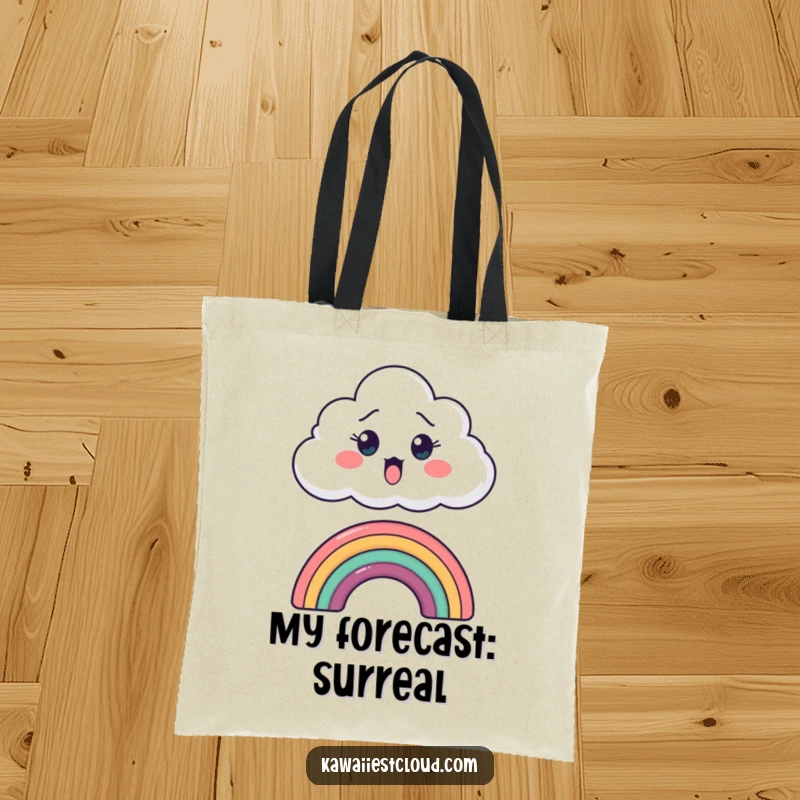 Funny tote bag with a cartoon cloud looking surprised as it peeks over a small, colorful rainbow.