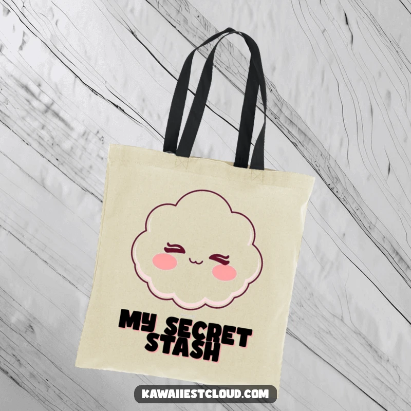 Funny tote bag depicting a mischievous cartoon cloud winking, with rosy cheeks adding to its playful allure.