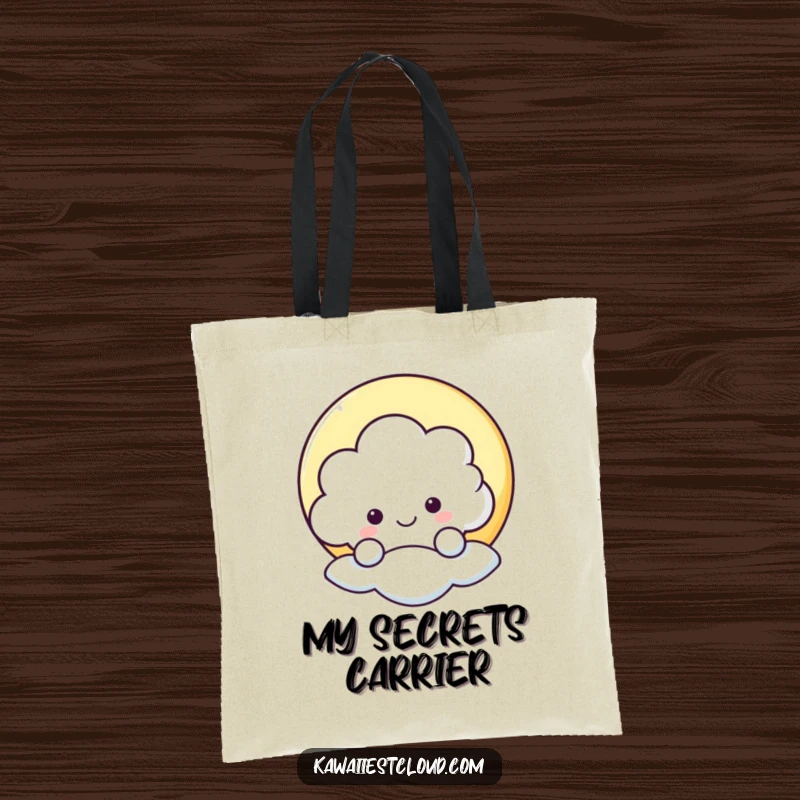 Funny tote bag featuring a smiling cloud character peeking from behind a star, a practical and humorous accessory.